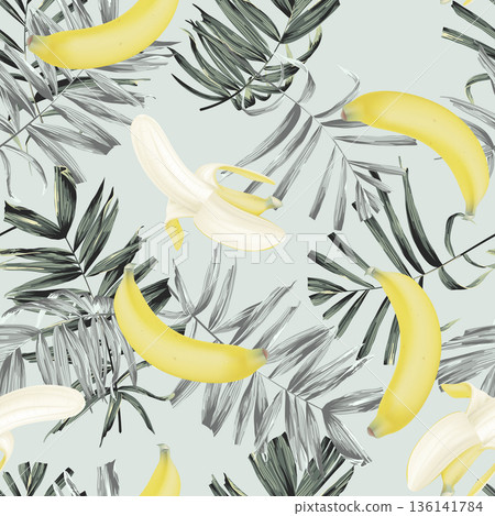 Fruit seamless pattern, Cavendish bananas with palm leaves on bright green 136141784
