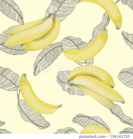 Fruit seamless pattern, Cavendish bananas with leaves on bright yellow 136141785