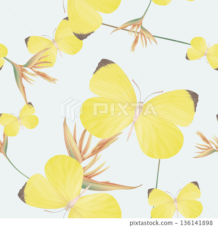 Animal seamless pattern, Eurema reticulata butterfly and heliconia flowers on bright blue 136141898