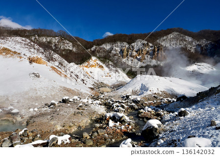 Snow-covered "Noboribetsu Jigokudani" White snow and brown mountainside 136142032