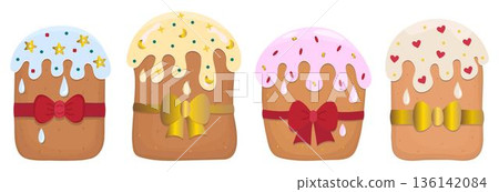 Easter cakes with red and gold bows, pastries with colorful sugar glaze, vector color set. Kulichi with cream. Festive yeast pies with sprinkles and icing, paska pastry doodles 136142084