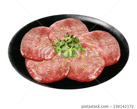 Beef tongue (black plate) with green onions and sesame seeds 136142172
