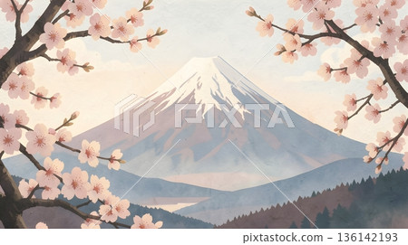 透過櫻花枝葉看到的富士山,帶有日式紙張的質感 透過櫻花枝葉看到的富士山,帶有日式紙張的質感 136142193