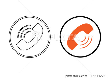 Phone Icon Symbols in Circle Line Art and Orange Call Icon for Contact and Communication Phone Icon Symbols in Circle Line Art and Orange Call Icon for Contact and Communication 136142269