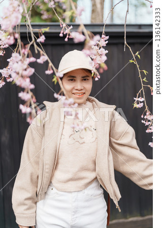 Woman tourist sightseeing Sakura Cherry Blossom in Spring. Happy traveler travel in Samurai village or Little Kyoto in Kakunodate town, Semboku District, Akita Prefecture, Japan. Landmark and Vacation Woman tourist sightseeing Sakura Cherry Blossom in Spring. Happy traveler travel in Samurai village or Little Kyoto in Kakunodate town, Semboku District, Akita Prefecture, Japan. Landmark and Vacation 136142333