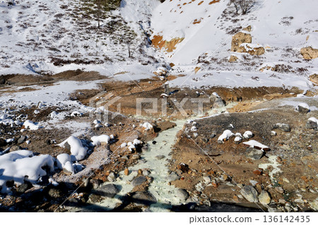 "Noboribetsu Jigokudani" - Hot springs gushing out from the brown soil and snow flow like a river 136142435