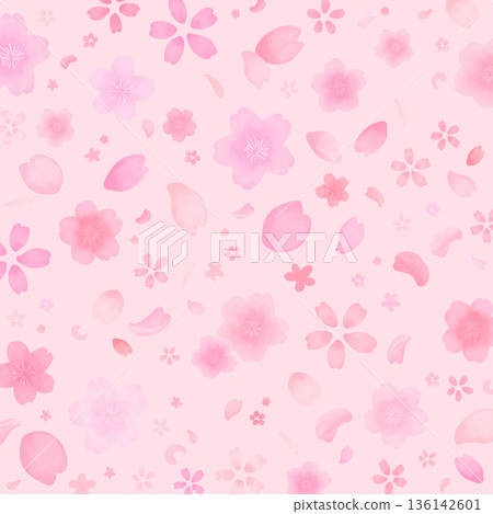 水彩風格可愛櫻花飄落背景_方形 136142601