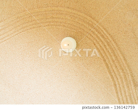 Zen Garden Candle Sand Background Japanese Balance Meditation Relax Buddhism Spirituality, Pattern Line Wave Mandala Mockup Spa Vacation Yoga Lifestyle Natural Summer, Texture Desert,Aroma Therapy. 136142759