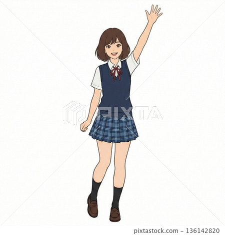 可愛的女高中生揮手 136142820