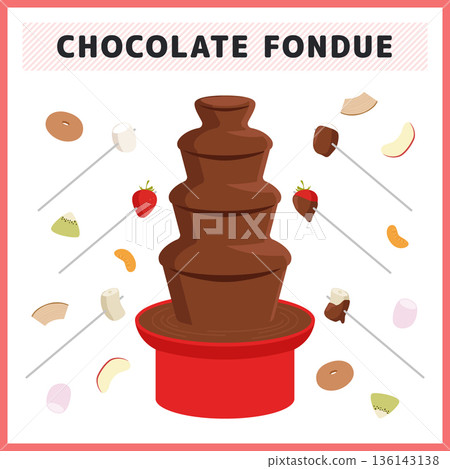 巧克力火鍋插圖套裝，包括巧克力噴泉和水果甜點向量素材 136143138