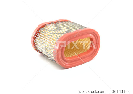 Automotive engine air filter with orange rubber seal and metal mesh on white background 136143164