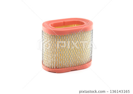 Automotive engine air filter with orange rubber seal and pleated paper element on white background Automotive engine air filter with orange rubber seal and pleated paper element on white background 136143165