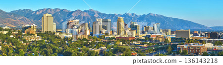 Aerial Salt Lake City Skyline Wasatch Mountains Downtown Panorama Golden Hour 136143218
