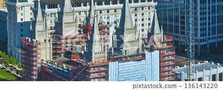 Aerial Salt Lake City Utah Temple Construction Downtown Urban Panorama 136143220