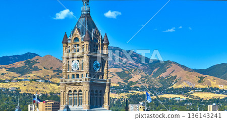 Salt Lake City County Building Clock Tower With Wasatch Mountains Panorama 136143241