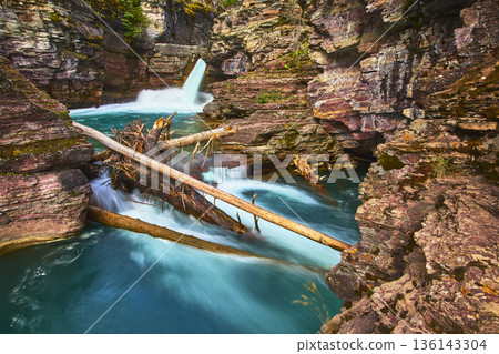 Saint Mary Falls Waterfall and Turquoise Pool with Logs and Rocky Canyon Walls 136143304