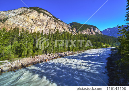 Mountain River Flowing Through Evergreen Forest Under Clear Blue Sky 136143308