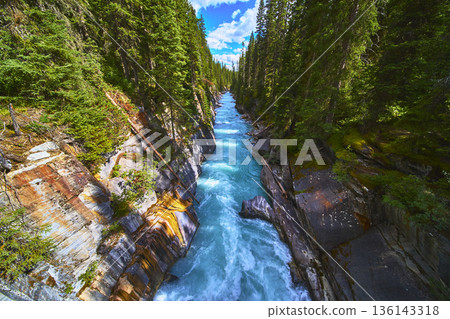Rushing Blue River Cutting Through Forested Gorge with Rocky Cliffs and Evergreen Trees 136143318