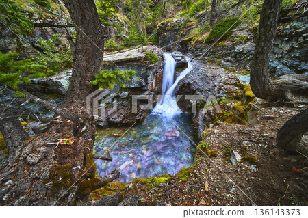 Waterfall and Crystal Clear River Flowing Through Forested Rocky Gorge Waterfall and Crystal Clear River Flowing Through Forested Rocky Gorge 136143373