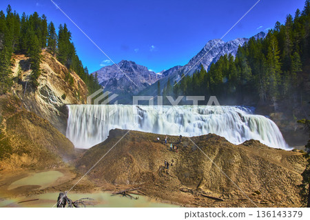 Wapta Falls Powerful Waterfall Surrounded by Forest and Mountain Landscape 136143379