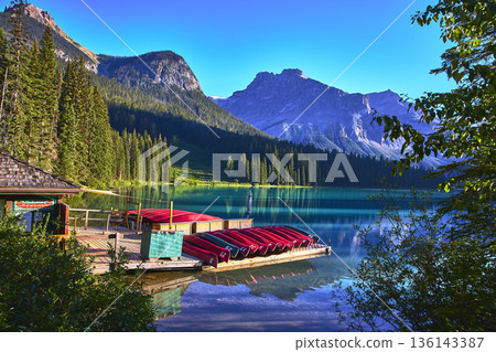Emerald Lake Canoe Dock Reflections and Mountain Landscape Canada 136143387