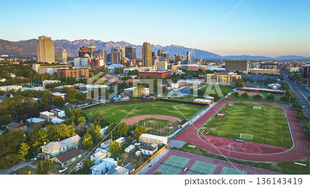 Aerial Salt Lake City Skyline Sports Fields Track Baseball Downtown Utah Aerial Salt Lake City Skyline Sports Fields Track Baseball Downtown Utah 136143419