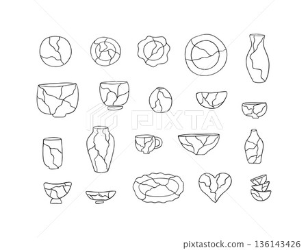 Japan Kintsugi ceramics line art set Japan Kintsugi ceramics line art set 136143426