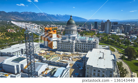Aerial Utah State Capitol Construction Crane Downtown Salt Lake City Wasatch Mountains Aerial Utah State Capitol Construction Crane Downtown Salt Lake City Wasatch Mountains 136143449