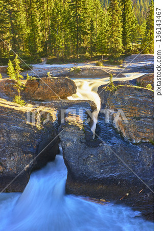 Natural Bridge Rock Formation and Waterfall Flowing Through Forest at Sunrise Natural Bridge Rock Formation and Waterfall Flowing Through Forest at Sunrise 136143467