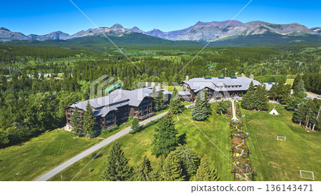 Aerial Lodge Resort Green Forest and Mountain Landscape Summer View Aerial Lodge Resort Green Forest and Mountain Landscape Summer View 136143471