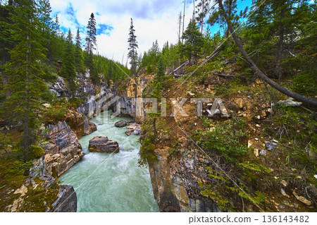 Rugged Canyon River and Evergreen Forest with Turquoise Water and Rocky Cliffs 136143482