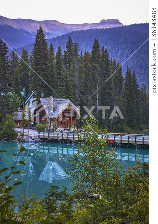 Emerald Lake Lodge at Sunrise with Bridge and Reflections in Tranquil Water Emerald Lake Lodge at Sunrise with Bridge and Reflections in Tranquil Water 136143483