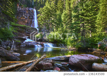 Waterfall Flowing Over Rocky Ledge Surrounded By Lush Evergreen Forest And Clear Pool 136143500