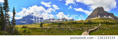 Panorama Hidden Lake Trail Boardwalk and Mountain Landscape in Summer Montana Panorama Hidden Lake Trail Boardwalk and Mountain Landscape in Summer Montana 136143534