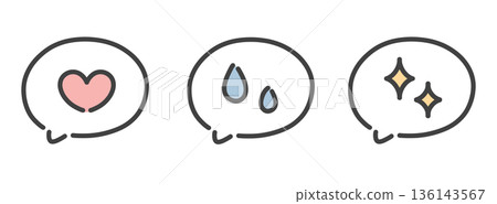 手繪圖示插畫集，包含心形、汗水和閃亮的對話框。 136143567