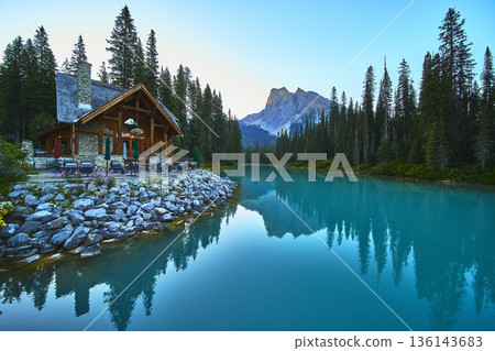 Emerald Lake Lodge Reflections at Sunrise with Forest and Mountain in Canada Emerald Lake Lodge Reflections at Sunrise with Forest and Mountain in Canada 136143683