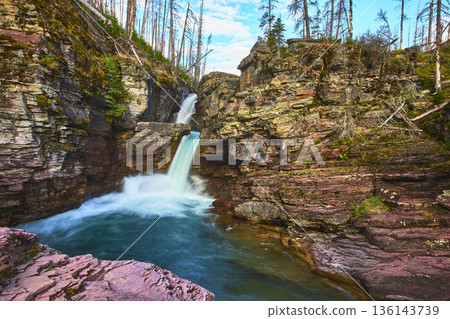 Waterfall Flowing into Rocky Pool with Forest and Cliffs in Vibrant Wilderness 136143739