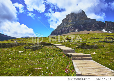 Mountain Boardwalk Trail and Alpine Meadow Under Blue Sky Mountain Boardwalk Trail and Alpine Meadow Under Blue Sky 136143783