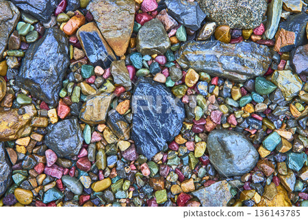 Colorful Lake Rocks Texture Close Up Natural Variety and Detail Colorful Lake Rocks Texture Close Up Natural Variety and Detail 136143785