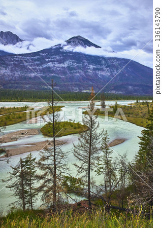 Mountain River and Forest Landscape with Dramatic Clouds in Jasper Canada Mountain River and Forest Landscape with Dramatic Clouds in Jasper Canada 136143790