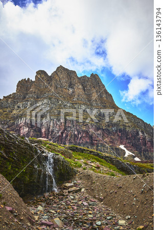 Majestic Rocky Mountain Waterfall and Alpine Scenery on Hidden Lake Trail Majestic Rocky Mountain Waterfall and Alpine Scenery on Hidden Lake Trail 136143794