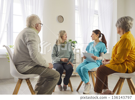 Senior people psychological treatment and doctor circle session, nurse talk therapy, psychotherapy Senior people psychological treatment and doctor circle session, nurse talk therapy, psychotherapy 136143797