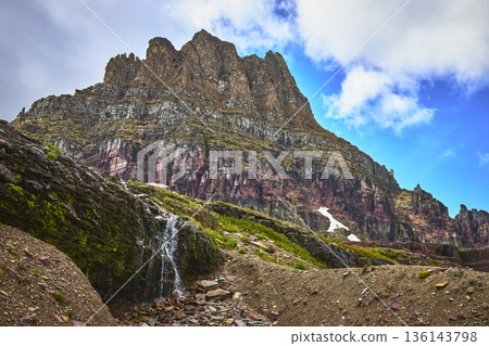 Rugged Mountain Peak Waterfall and Rocky Terrain on Hidden Lake Trail 136143798