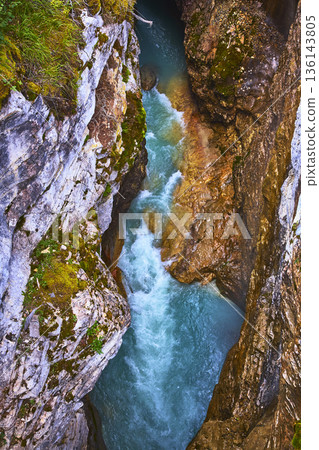Rushing Turquoise River Flowing Through Rugged Marble Canyon Surrounded by Mossy Rocks 136143805