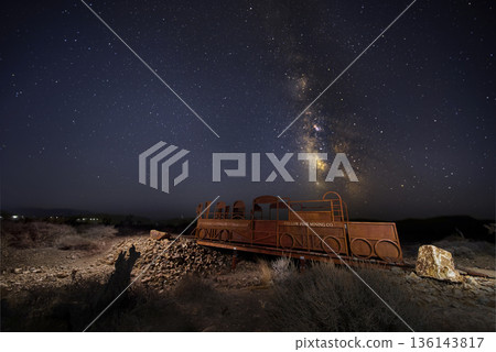 Milky Way Over Abandoned Mining Train With Light Painting In Nevada Desert 136143817