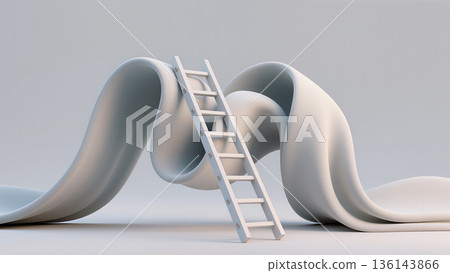 Soft abstract wave and ladder installation in pastel space, surreal sculpture 136143866