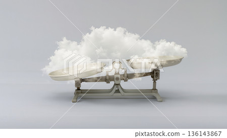 Surreal cloud scale minimal balance concept on soft gray background 136143867
