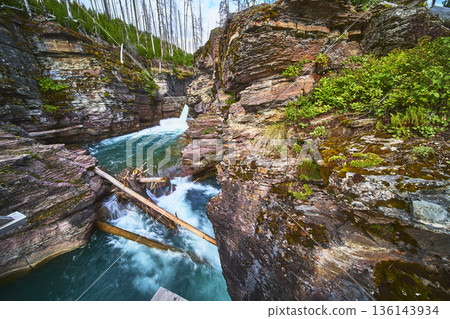 Saint Mary Falls Turquoise Waterfall with Rocky Cliffs and Lush Vegetation Saint Mary Falls Turquoise Waterfall with Rocky Cliffs and Lush Vegetation 136143934