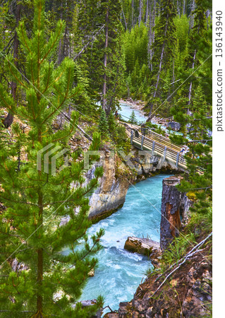 Turquoise River Flowing Through Forested Canyon with Wooden Bridge and Lush Pines 136143940