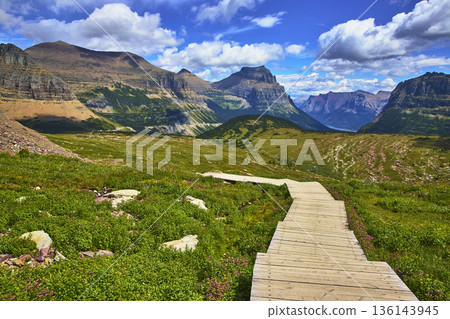 Hidden Lake Trail Boardwalk Leading to Mountain Peaks and Alpine Meadow under Blue Sky Hidden Lake Trail Boardwalk Leading to Mountain Peaks and Alpine Meadow under Blue Sky 136143945